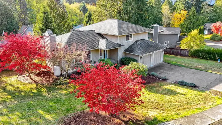 The south side of the home enjoys stunning maple tree and lots of sun shine. There's plenty of parking with a two-car garage and spacious driveway.