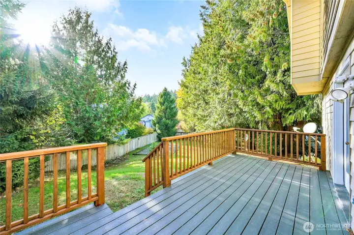 Beautiful weather resistant deck areas face West overlooking the fabulous fenced back yard.