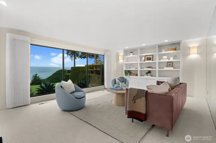 Living room with floor to ceiling windows