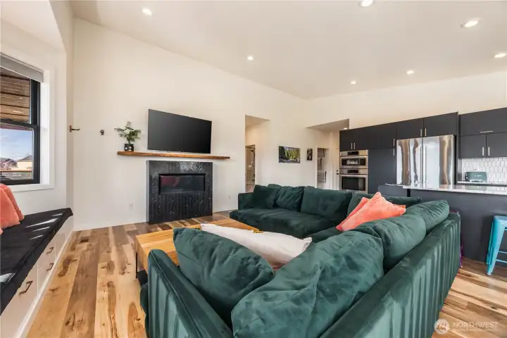 Living room with built-in bench seat + storage