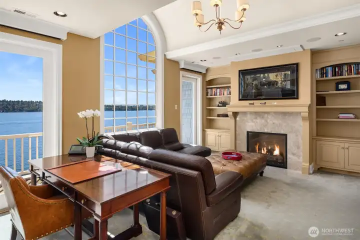 Primary suite living room with private deck