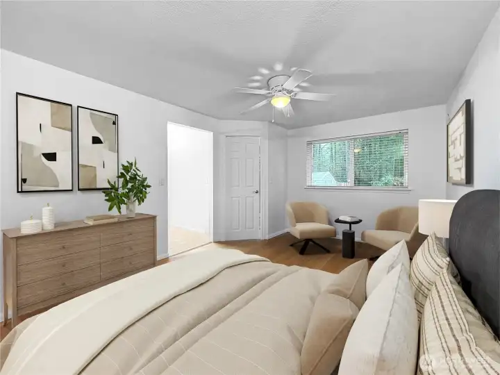 Primary bedroom with ensuite - virtually staged.