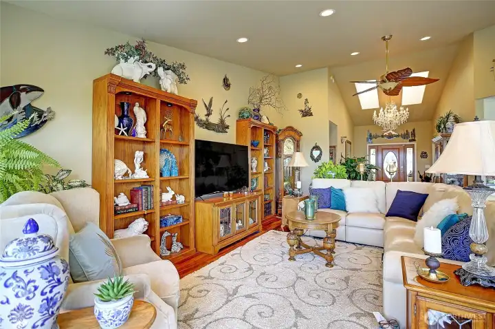 High ceiling living room with fans