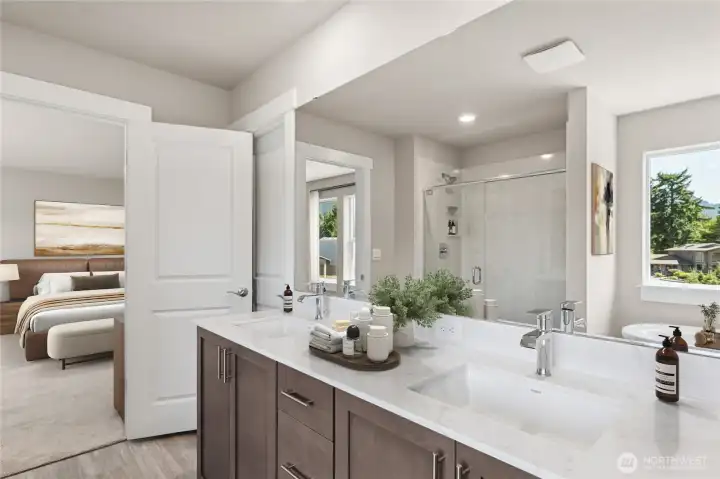 Primary bath with dual sinks and quartz countertops