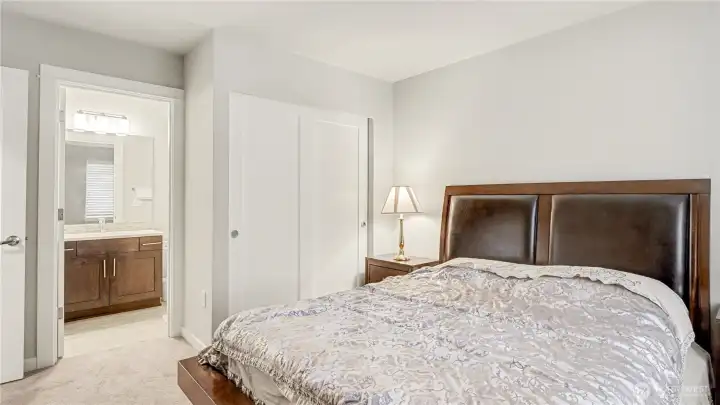 Another view of the downstairs guest bedroom with sizable closet and en-suite full bathroom.