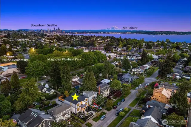 Experience the vibrant lifestyle of Magnolia, where convenient amenities are just moments away. This photo highlights the home's prime location, offering easy access to the charming Magnolia Village and the dynamic energy of Downtown Seattle.