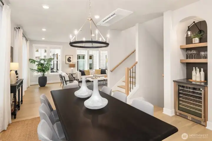 Dining space with built-in wine bar and 53-bottle wine fridge — perfect for entertaining in Woodinville wine country.
