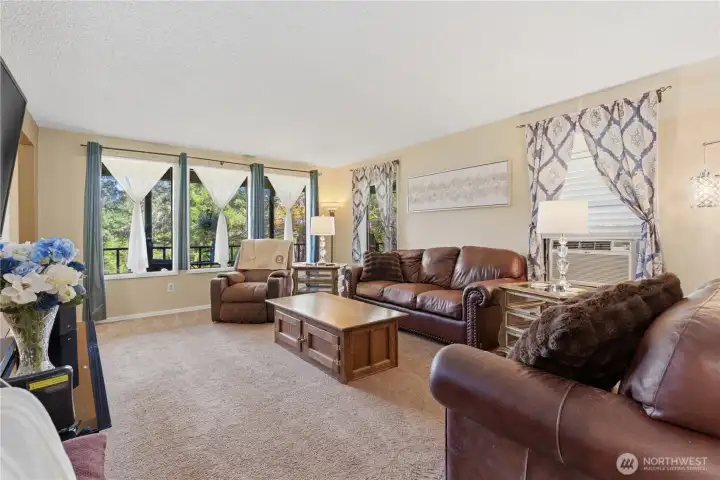 Formal living room features windows for viewing the front lawn and pasture area.