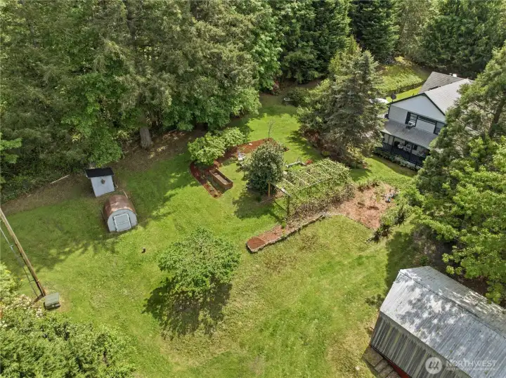 Great view of the side yard with grape arbor, fruit trees, garden space and more!