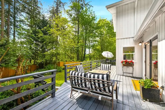 Outside back deck through the french doors is large. Room for seating and dining table set up.