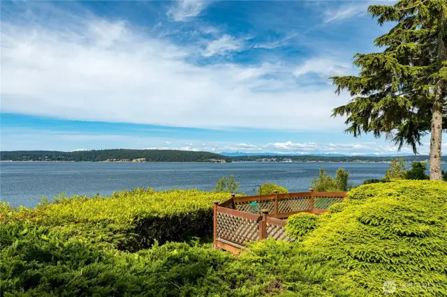 Charming single-level home nestled against a lush forest backdrop with panoramic water views and a view deck.