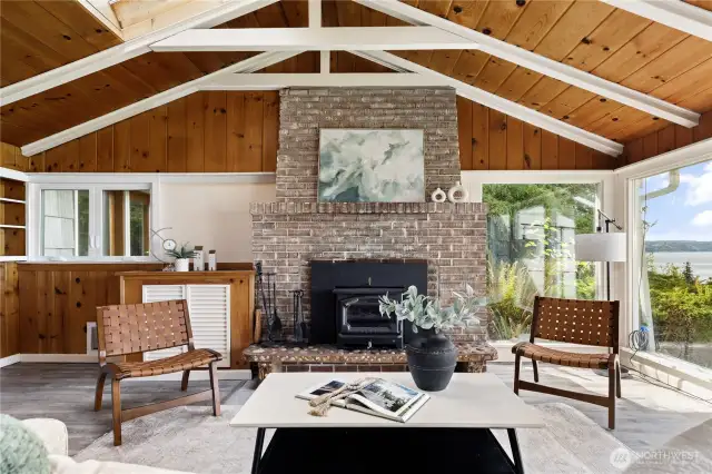 Sun-drenched living space with open beams and skylights—perfect for year-round island living.