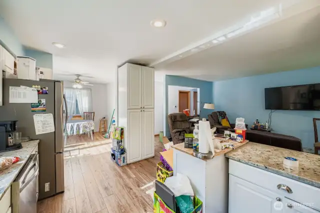 Kitchen looking at dining and living area