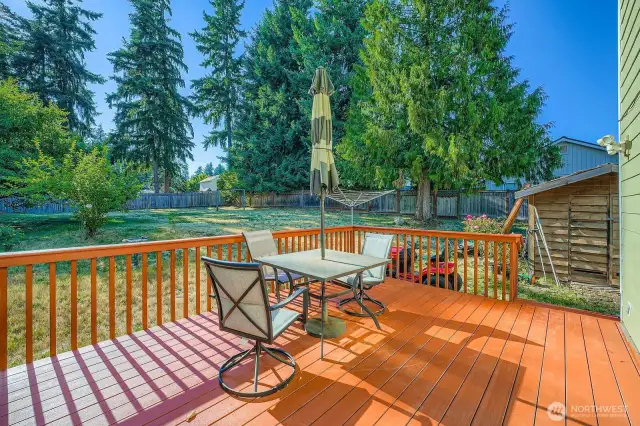 Relax on your composite deck overlooking large backyard