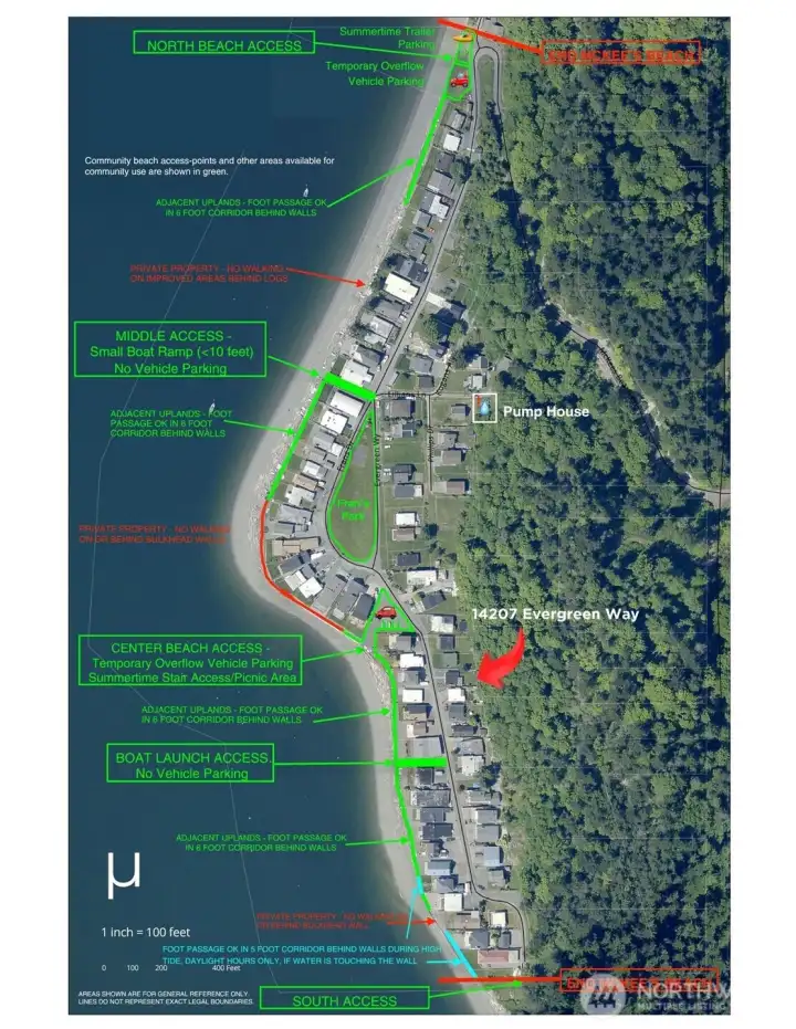 This is the McKee's Beach Community Map showing the beach access points and the boat launches. The beach itself is accessable to all residents. There are some bulkheads that do not allow residents to walk on or behind them.