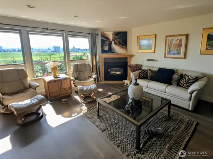 Living room area with gas fireplace and beautiful views.