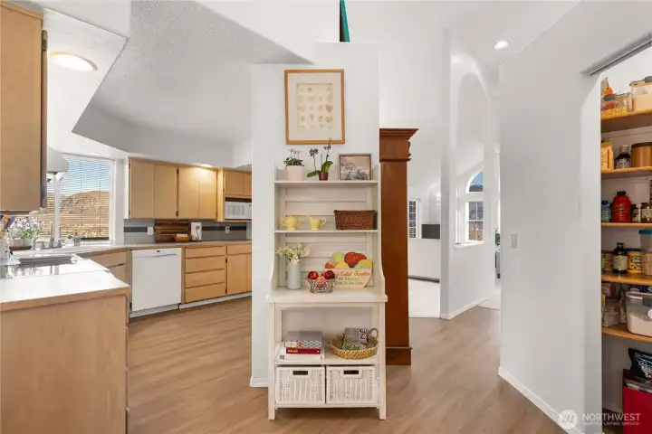 Kitchen connected to dining area and main living room
