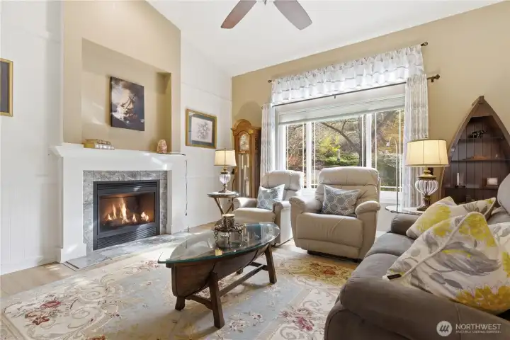 The fireplace creates a warm focal point