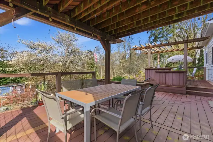 Inviting shaded space for BBQs and gatherings, enhanced by a planter box herb garden