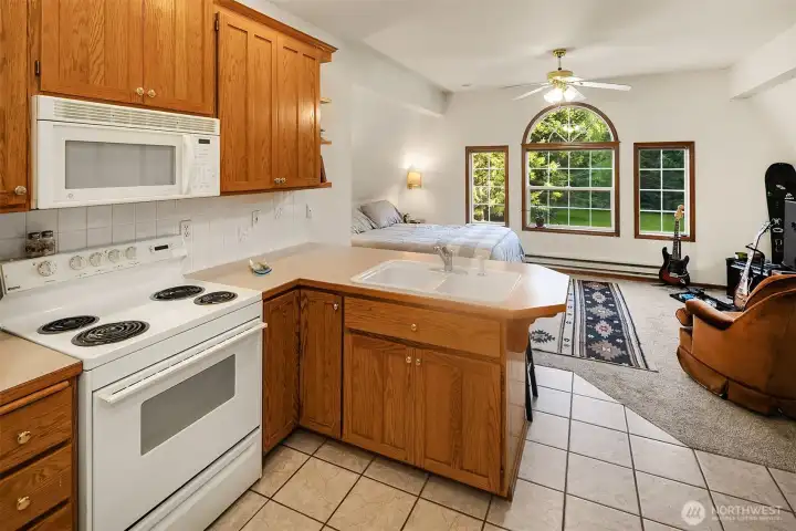 Studio apartment kitchen and living space