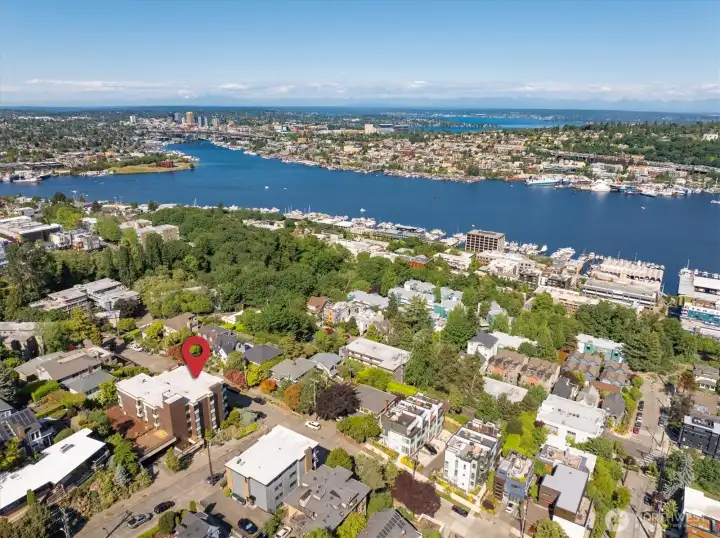 This drone photo captures the incredible feel of being inside this bright and picturesque home