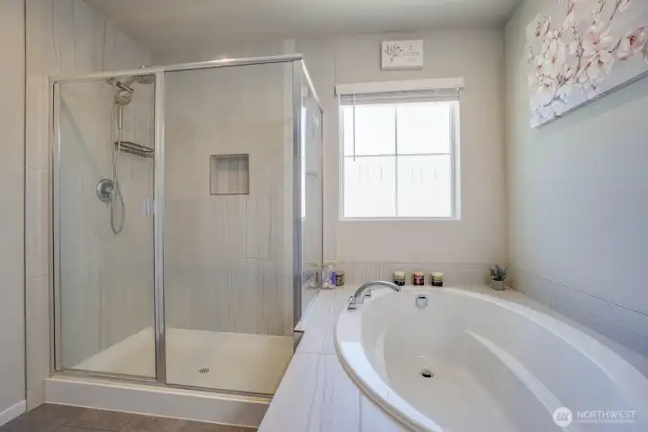 Large walk in shower and soaking tub in primary bathroom Large walk in shower and soaking tub in primary bathroom