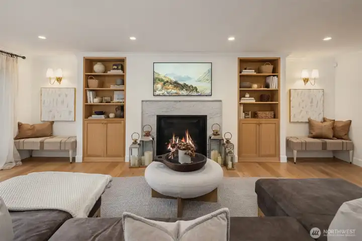 Gather friends around the marble-surround living room fireplace. Gather friends around the marble-surround living room fireplace.
