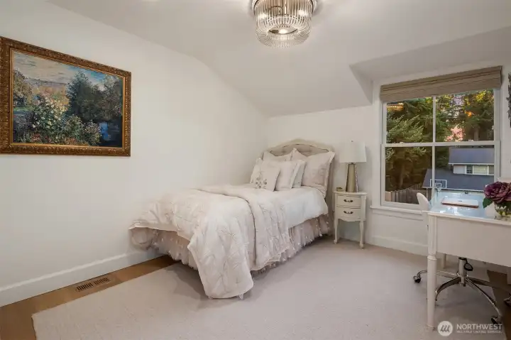 Fourth upstairs bedroom with another chic light fixture custom shade. Fourth upstairs bedroom with another chic light fixture custom shade.