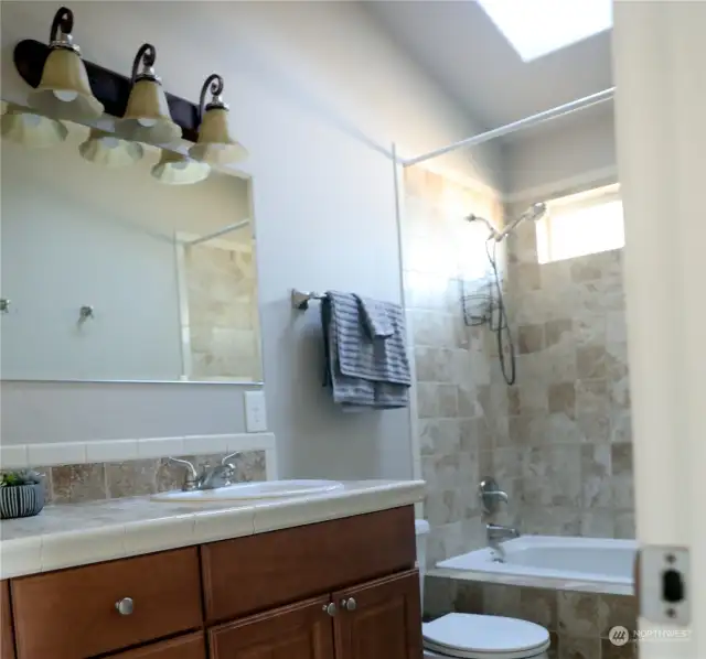 En Suite master bathroom with double vanity, skylights and jetted tub