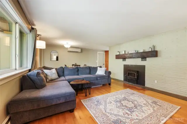 Main level family room with fireplace and mini split for AC