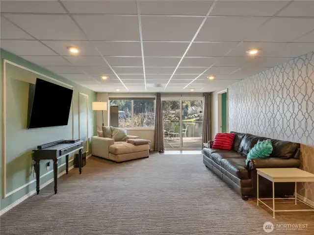Downstairs rec room with a sliding door leading out to the patio