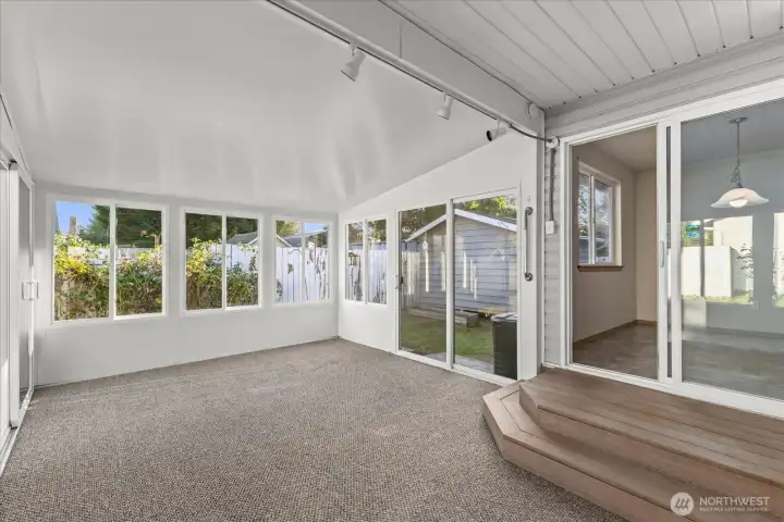 Sunroom double sliders, tons of light, 200 sq ft.