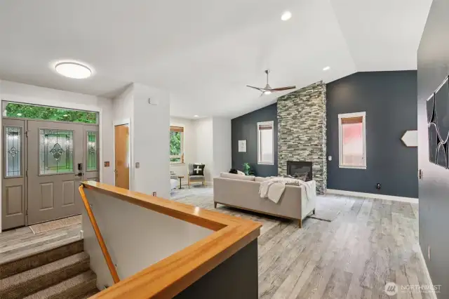 Another view of the floor plan. Gas fireplace, modern fan, and a cozy reading area. LVP floors throughout, and all the interiors are freshly painted.