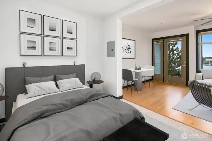 Spacious bedroom with views. Virtual staging.