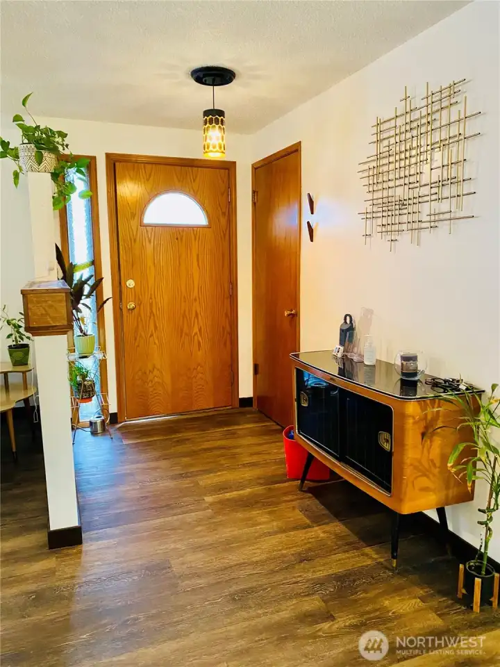 Foyer with fun updated light fixture.