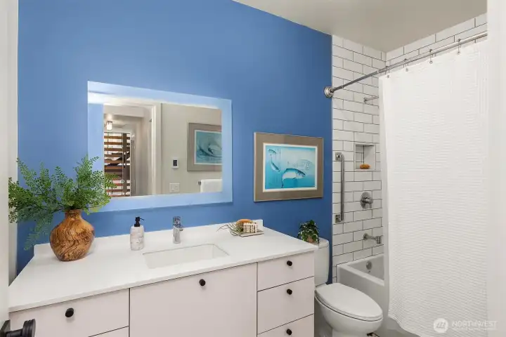 Lighted mirror, large tub and shower and plenty of storage.