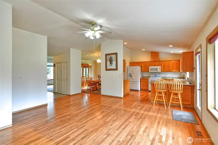 Family room looking back at kitchen and dining room.