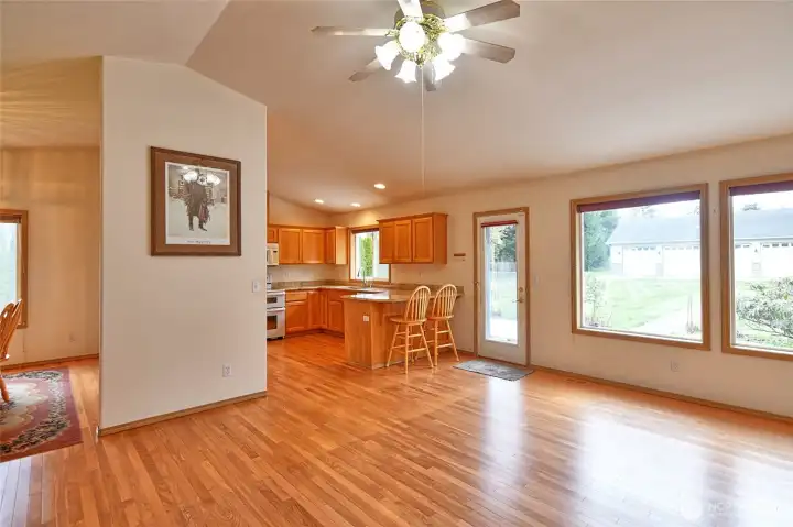 Looking back at the kitchen, you can see the shops through the windows.