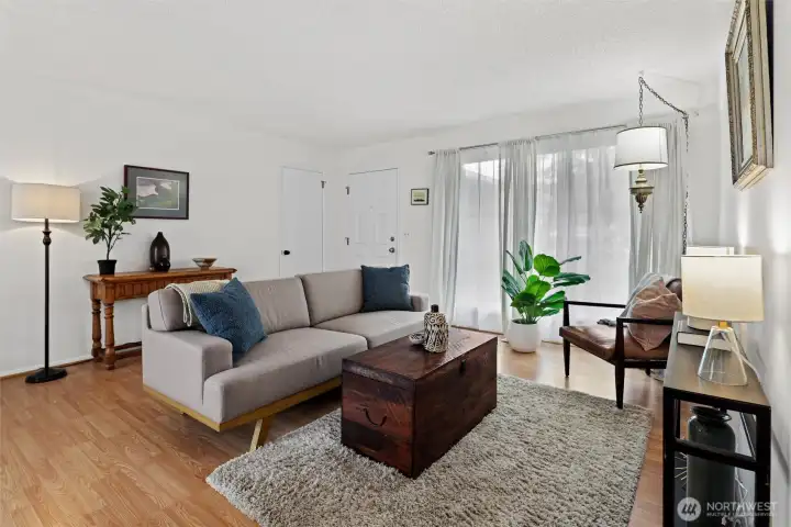 Enter into the bright living room.