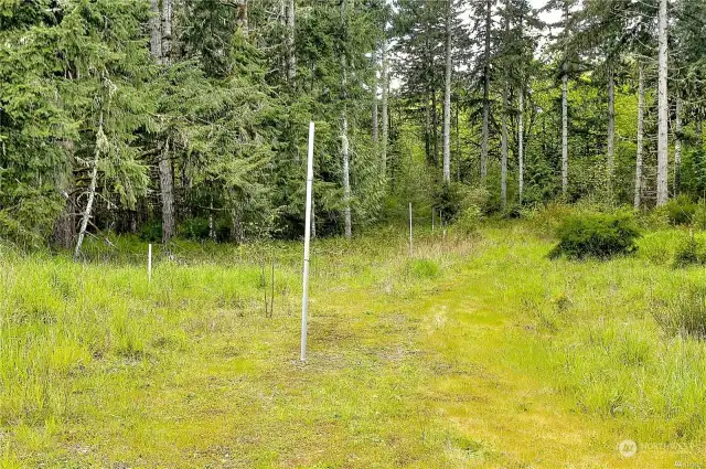 Property has been surveyed and the stakes   are in. The first and the third stake are for lot   B. The second stake is for Tract E. Look   directly across from the second stake (NOT   towards the water) and you will see another   stake.