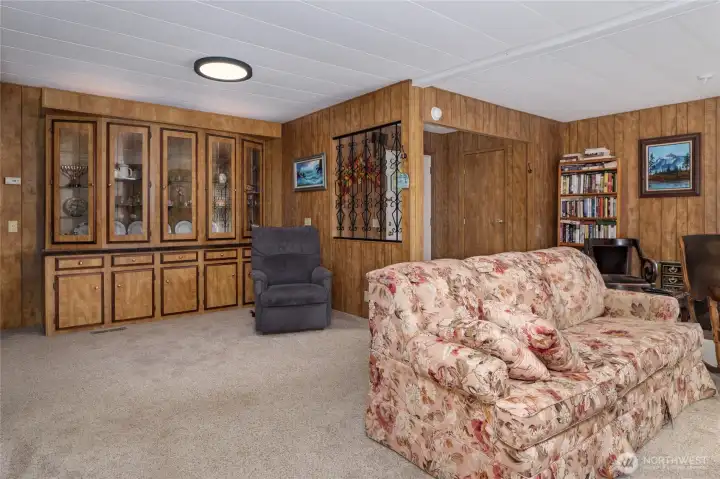 Living and dining room with built in hutch