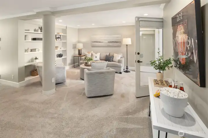 Built-ins, crown moulding, oversized baseboards.