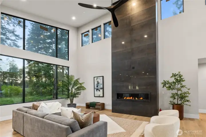 Metal floor to ceiling fireplace