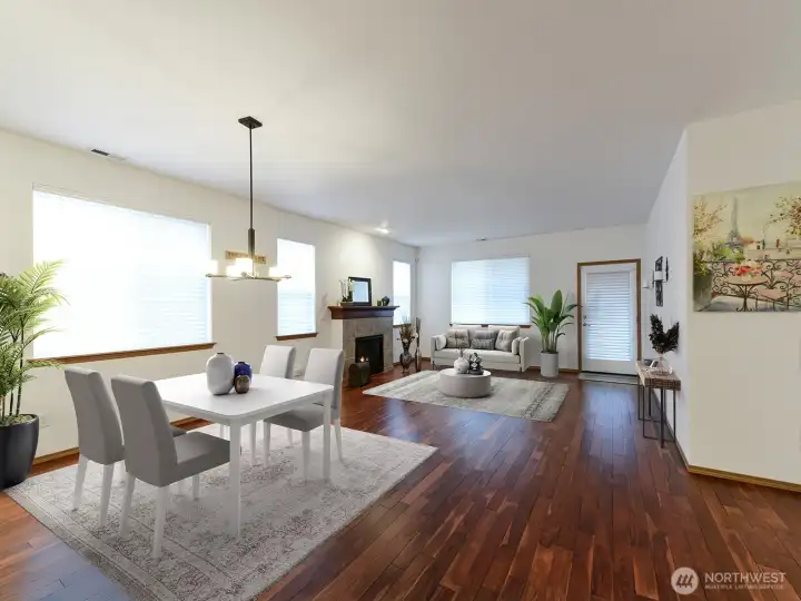 Virtual Staged Dining area and living room. All window coverings stage. Easy maintenance Teak flooring.