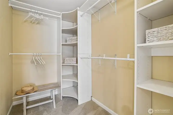 Walk in closet has lots of space for everything. Walk in closet has lots of space for everything.