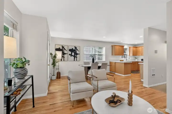 View toward the dining room and kitchen