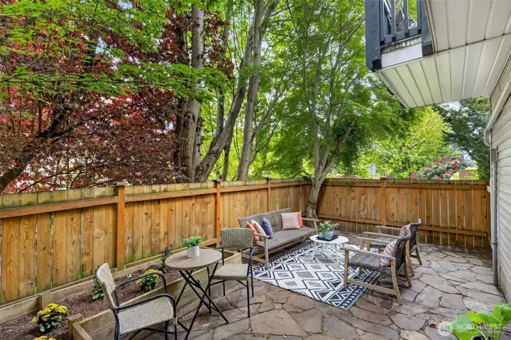 View of the large backyard with beautiful maple trees for a little oasis in the city