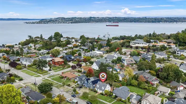 Drone facing North.  Old Town Businesses, Tacoma waterfront restaurants, Commencement Bay