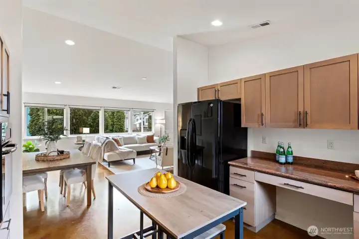 View from the kitchen looking out at the great room.