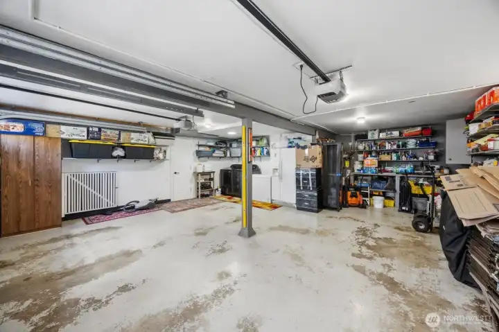 2 car garage with a large storage area
